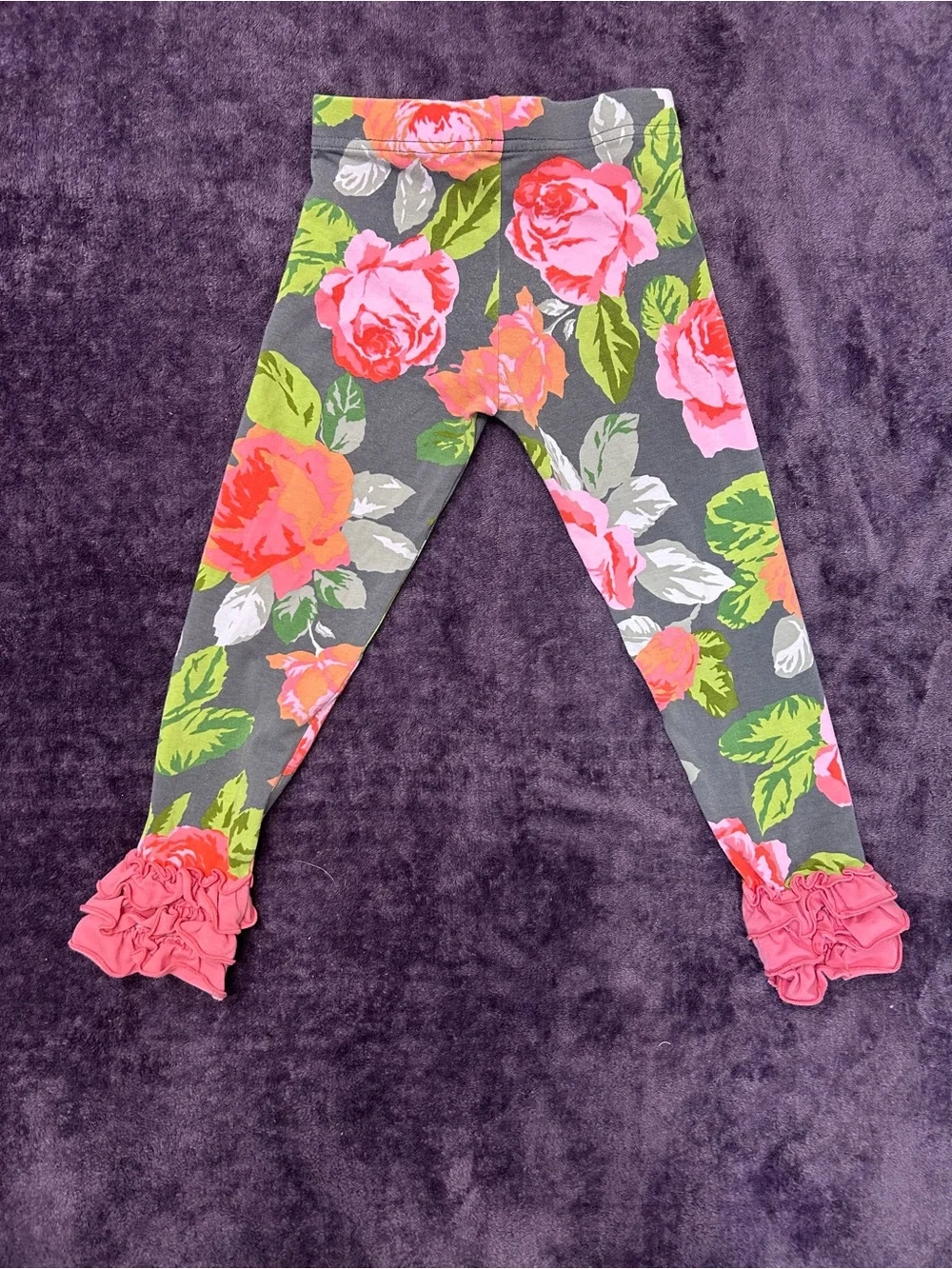 Matilda Jane Gray Leggings with Pink & Green Floral Print and Pink Ruffle Cuffs